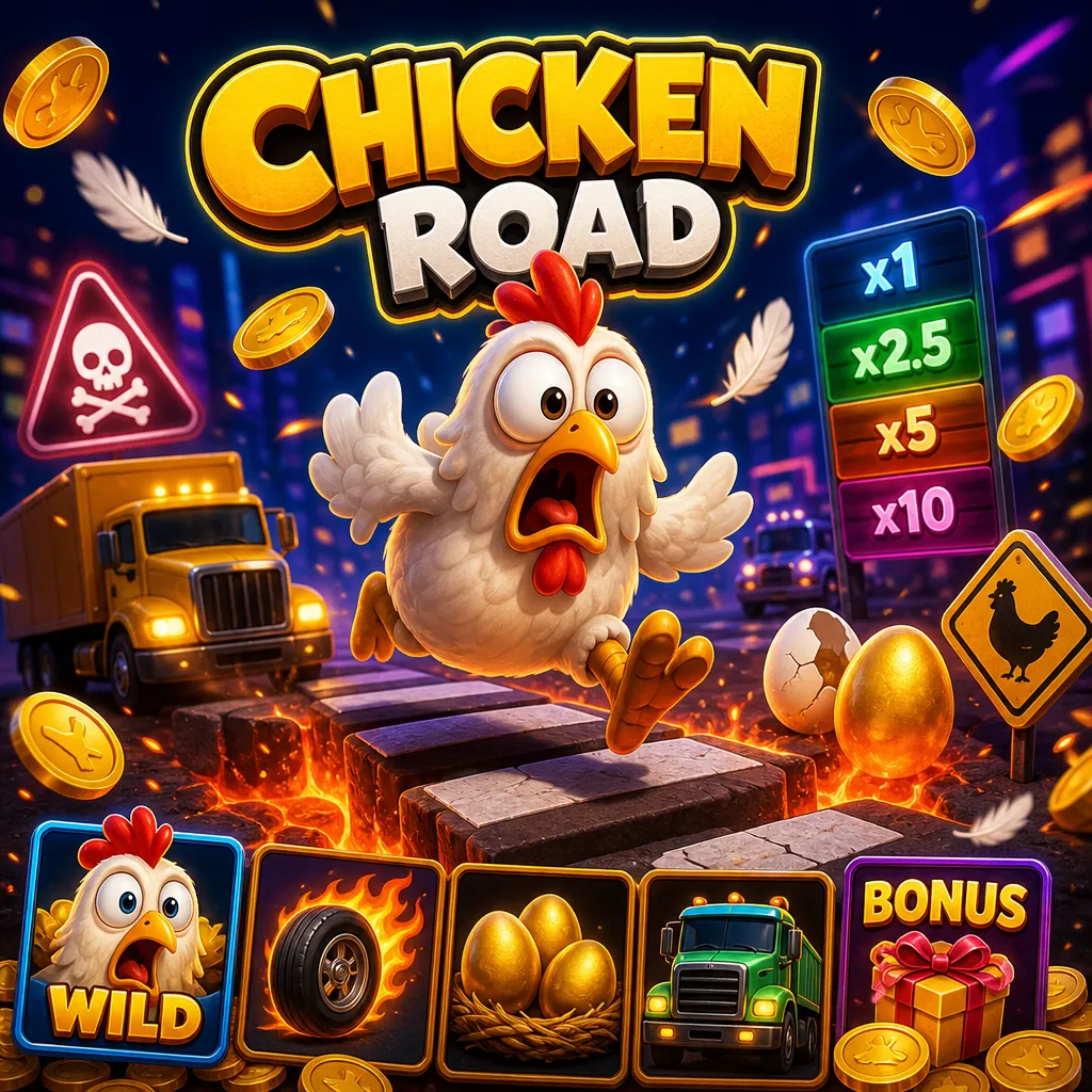 Promo for Chicken Road slot game featuring a humorous chicken on a road, with playful bright colors and game elements.
