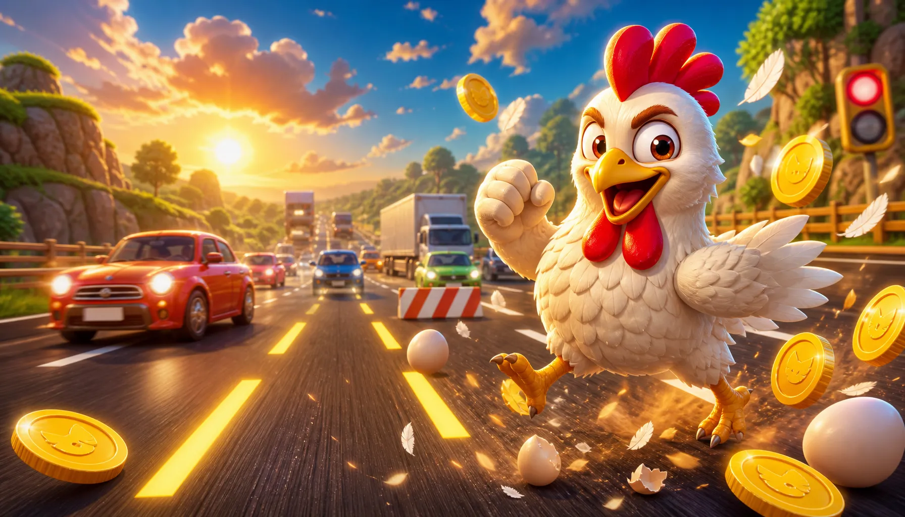 3D confident chicken crossing dynamic road with traffic, eggs, coins, highlighting Chicken Road game theme in arcade style.