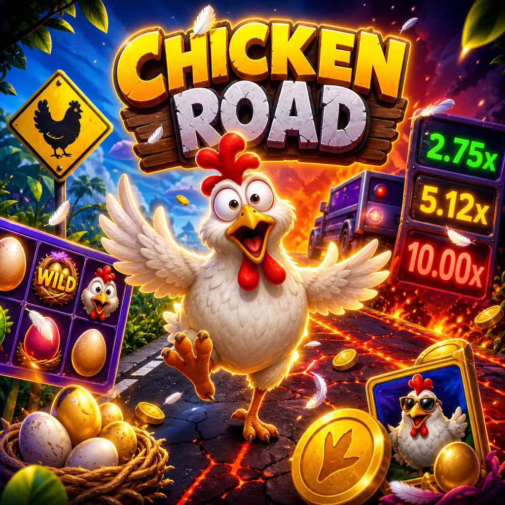 Square promo image for Chicken Road slot game featuring funny chicken and road theme.