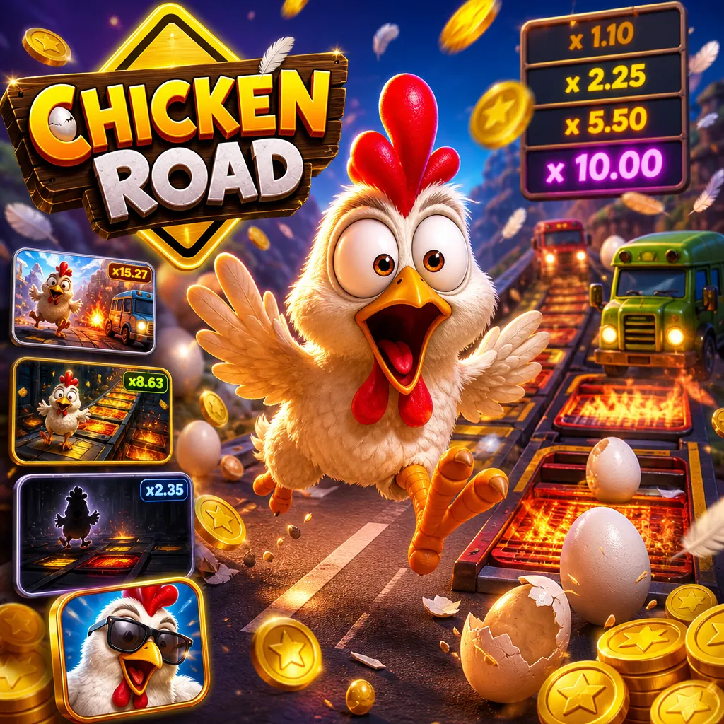 Promo image of Chicken Road slot with chickens, road lanes, and playful symbols