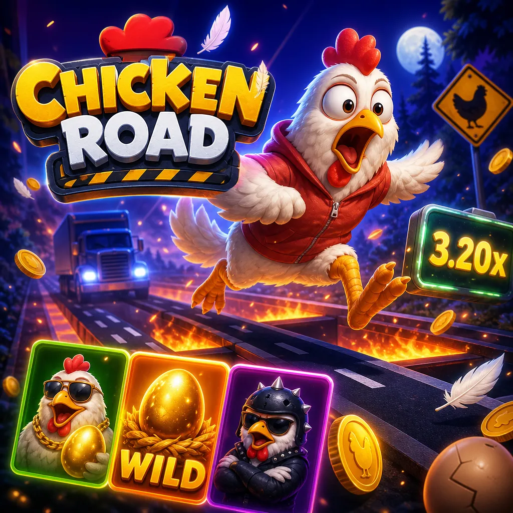 Promotional image for Chicken Road slot featuring funny chickens, road lanes, and bright crash-game energy.